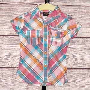 Harley Davidson Pink Blue and Orange Plaid Button Down Short Sleeve Size 12 M